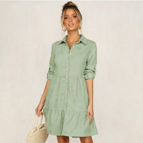 Autumn Winter Women Solid Color Lapel Loose Dress Long Sleeve Button Shirt Dress Middle Sleeve Casual Polyester Brushed 2020
