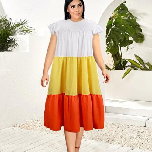 Plus Size Dresses Short Sleeve O Neck Knee Length White Yellow Orange Patchwork Fashion Casual Loose Shirt Dress for Party