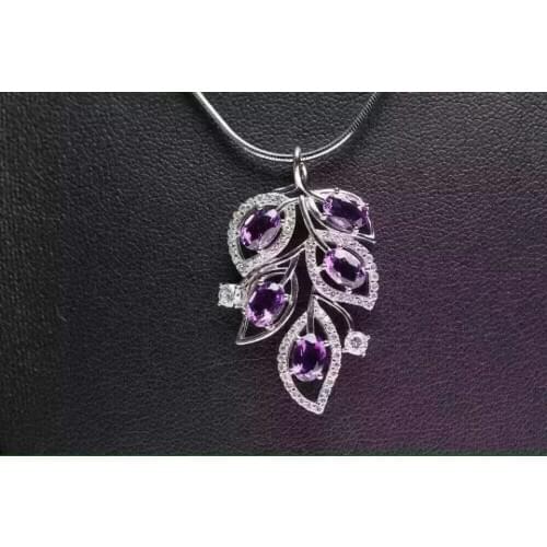 Natural amethyst pendant S925 Sterling silver Natural gemstone Pendant Necklace trendy Elegant leaves women party fine jewelry