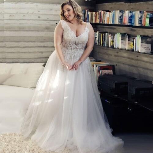 Sexy Plus Size Wedding Dresses Bridal Gown Deep V-neck Sleeveless Beading Applique Tulle A-line Wedding Dress Vestido De Noiva