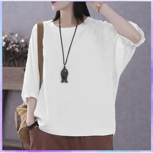 Retro Solid Half sleeved T-shirt Female 2021 Summer Cotton And Linen T-shirts O-neck Batwing Sleeve Top Womens Plus Size Tops