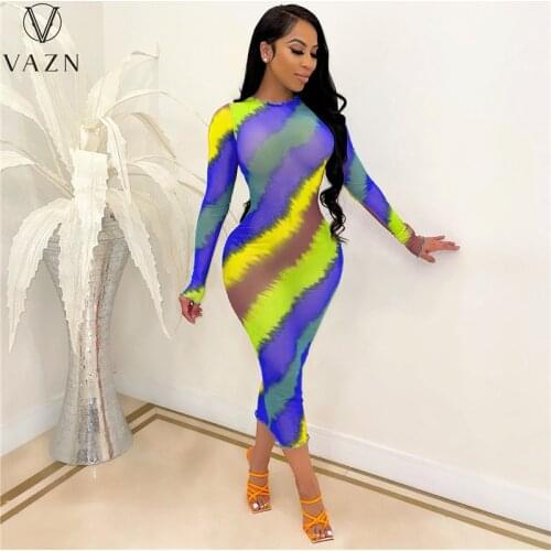 VAZN Full Sleeve High Neck Striped Maxi Dresses New Arrival Summer Party Beach Print Long Dress Casual Sundress
