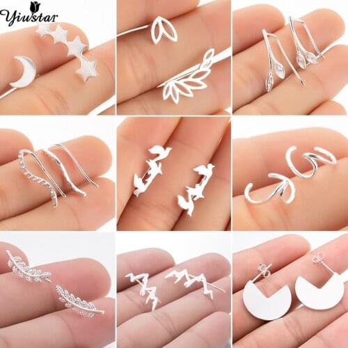 Yiustar Vintage Leaf Earrings Ear Climber Small Moon Star Stud Earrings for Women Fashion Jewelry Cute Bird Animal Ear Cuff Gift