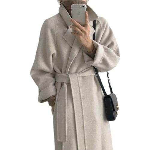 Suit collar, solid color, loose tie, waist, mid-length, warm, 2021 new fashion and temperament woolen ladies jacket Pockets