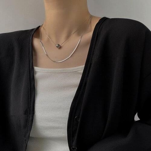 VSnow Minimalist Stainless Steel Double Layer Geometrical Round Ball Pendant Necklace for Women Delicate Choker Necklace Jewelry