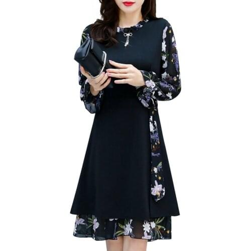 High-end Chiffon Printed Dress Womens Autumn 2021New Female Dress Oversize A-line Skirt Long Sleeve Fake Two-piece Lady Dresses