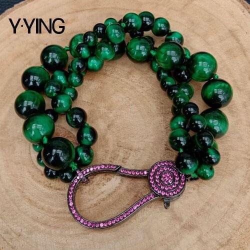 Y·YING I8" 3 Strands Green Round Tiger Eye statement Bracelet Cubic Zirconia Lobster Clasp handmade for women