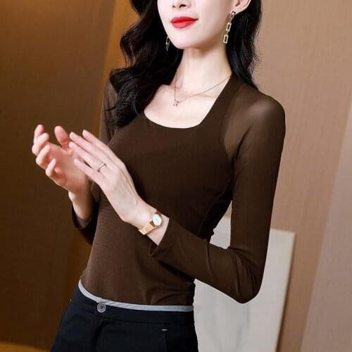 Autumn Mesh Long Sleeve Woman Tshirts Korean Shirts for Women Streetwear Vintage Office Lady Tops Camisas De Mujer Elegantes