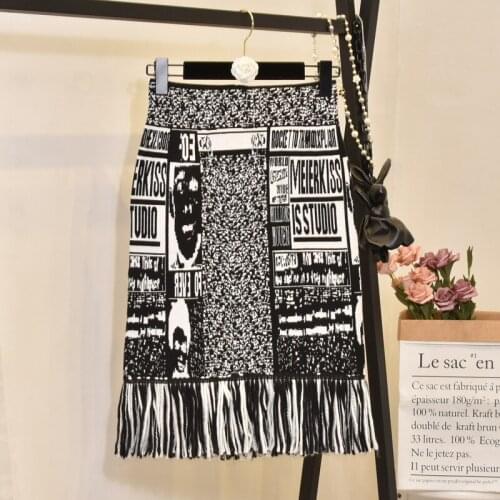 Fashion Tassel Knitted Skirt Women Autumn Winter High Waist Letter Print Pencil Skirts Female Midi Hip Package jupe femme