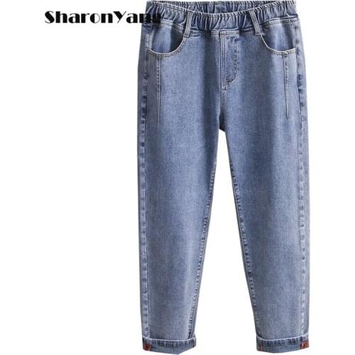 XL-5XL Large Size Mom Jeans Women Loose Harem Pants Denim Pants 200 Pound Elastic High Waist Plus Size Blue Spring Autumn