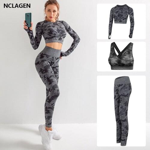 Women Yoga Sets Fitness Sport Wear 3 Piece Leggings High Support Bra Crop Top Workout Clothes Gym Seamless Yoga Suits NCLAGEN