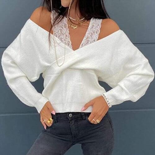 Sexy Women Long Sleeve Off Shoulder Lace Strap Jumpers Autumn Winter Knit Sweater