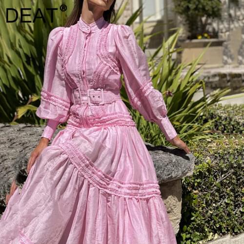 DEAT Woman Dress Edible Tree Fungus Stand Collar Long Sleeve Belt Loose Waist Elegant Vintage Style 2021 New Autumn Tide 15XF328