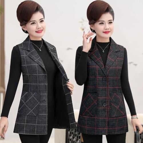 New women retro plaid vest waistcoat 2020 spring autumn pockets long sleeveless jacket outerwear female office tops