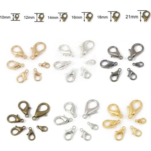 10Pcs Lobster Clasps 10/12/14/16/18/21mm Mix Color Metal Hooks End Connectors Findings For Jewelry Making DIY Necklace Buckle