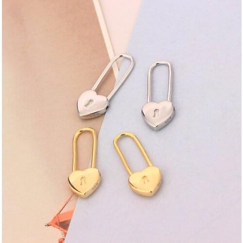 925 Silver Minimalist 18K Gold Heart Geometric Lock Huggies Piercing Hoop Earrings Brinco Safety Pin Pendientes For Women 2021