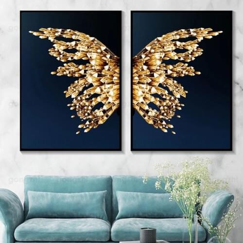 Abstract Luxury Navy Blue Color Background Golden 3D Effect Butterfly Wings Design Sense Frameless Canvas Printing Home Poster