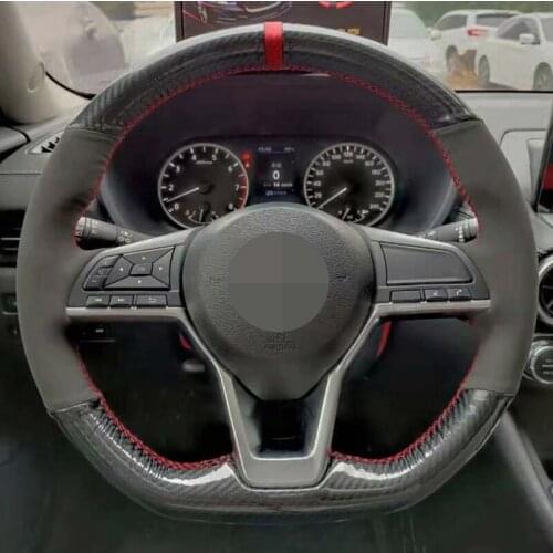 Car Steering Wheel Cover Soft Hand-Stitched Black Carbon Fiber Suede For Nissan Rogue 2017-2021 / Nissan Altima 2019-2021