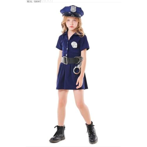Kids Cosplay Costumes New Police Special Force Uniform Short Sleeve Dark Blue Police Woman Dress Fashion Halloween Clothing 2021