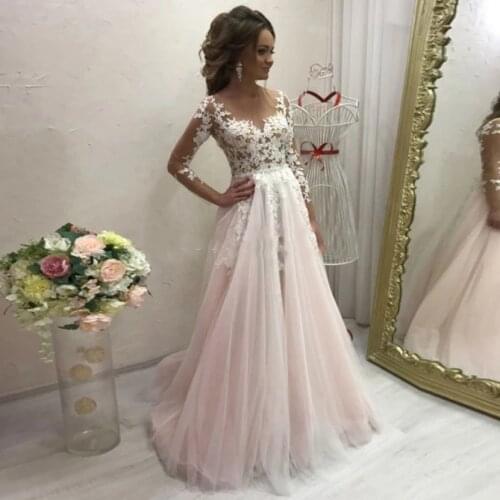 Elegant Sheer Neck A Line Pink Wedding Dresses Lace Applique Tulle Long Sleeve Bridal Gowns Buttons Back Custom Made