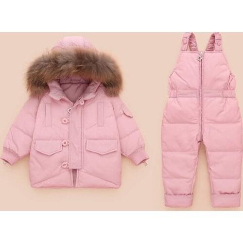 Toddler Boy Girl Clothes Sets Children Duck Down Jacket Winter Real Fur Newborn Infant Coat + Bibpants Jumpsuit Costume Snowsuit