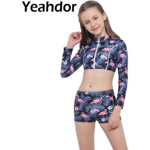 2PCS Kids Girls Swimwear Long Sleeves Patterns Printed Zipper Front Top with Boyshorts Bottoms Children Beachwear Swimsuits