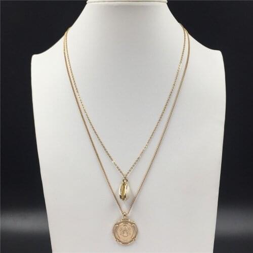 Trendy Gold Color Plating Shell Coin Pendant Layered Necklace For Women Girl Gorgeous Office Anniversary Elegant Jewelry Pack