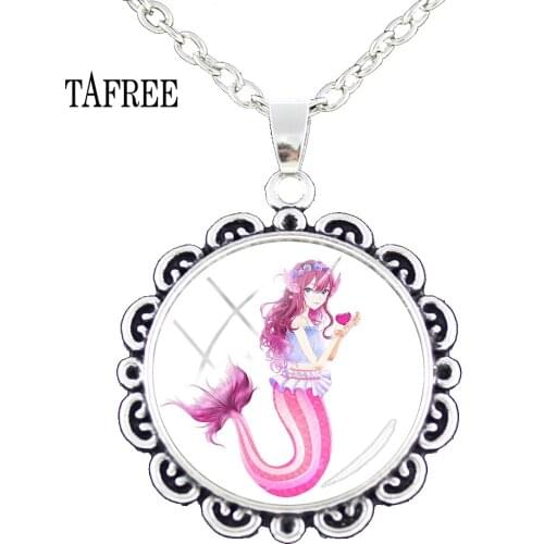 TAFREE Fashion Mermaid Elves Flower Lace Pendants Necklaces Glass Silver Color Handmade Jewelry For Lover Keepsake Best Present