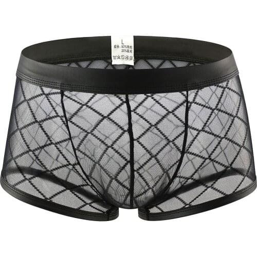 Men Transparent Boxer Gay See Through Mesh Underwear Men Plaid Low Waist U-convex Boxer Shorts UnderPants