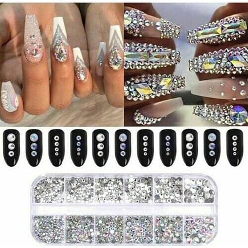 Hot 12 Grids Glitter Nail Art Rhinestone Set Transparent Flat Rhinestone Mixed Shiny Jewelry Manicure Decor Sets