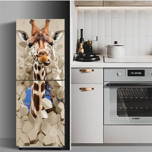 Wall Giraffe Wallpaper 3D Door Fridge Cover Sticker Adhesive PVC Kitchen Refrigerator Decoration Poster Waterproof Mural Decals
