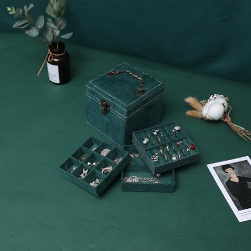 New 3 Layers Green Flannel Stud Jewelry Organizer Large Ring Necklace Makeup Holder Cases Velvet Earrings Jewelry Box Lock Women