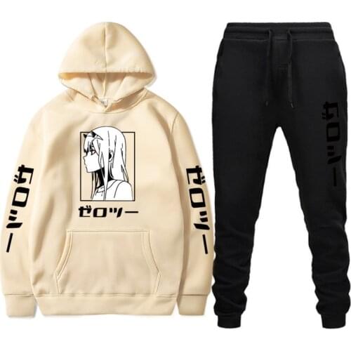 New 2 Pieces Set Hoodies+Pants Tracksuit Darling In The Franxx Men Women Hoodies Sweatshirts Zero Two Sweatpants Hoodie Suit