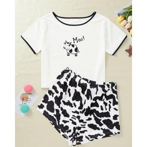 New Style Ladys Cartoon Dairy Cow Print Short Sleeve T Shirts & Shorts Pajama Set Summer Comfortable Sleepwear Home Suits
