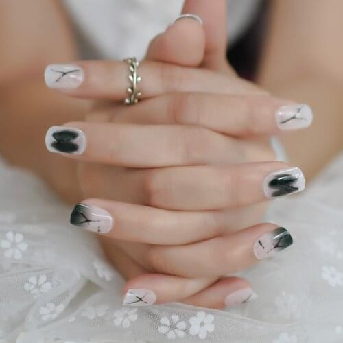 Original Design Black&White Ink Scribble Nails Short Pre-Design Nails Square Gels Nails Art Fingernails Wholesale Supplies EchiQ