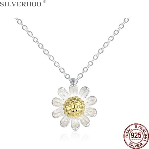 SILVERHOO 925 Sterling Silver Flower Pendant Necklace For Women Little Chrysanthemum Chain Casual Sporty Style Fashion Necklace