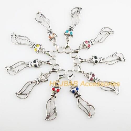 10 New Cat 12x34mm Charms Mixed Round Crystal Tibetan Silver Plated Retro With Lobster Claw Clasps