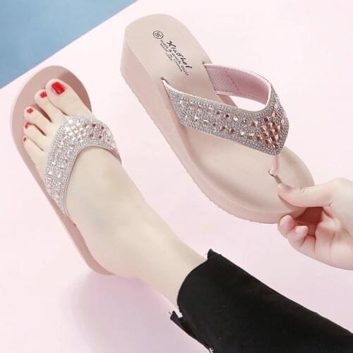 Rhinestones Crystal Wedges Flip Flops Summer Clip Toe Thick Bottom Comfortable Slippers Fashion Ladies Casual Beach Beauty Slide