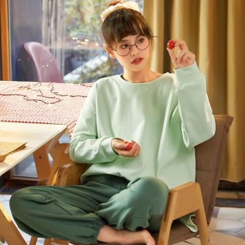 Spring And Autumn Girls' Long Sleeve Cotton Thin Round Neck Pullover Female' Homewear Pajamas Set