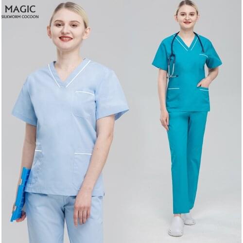 Nursing Scrubs Tops T Shirt Casual Nurse doctor V-neck Pocket Women Clothes Medical Tops Pant Short Sleeve Women Scrubs Uniforms