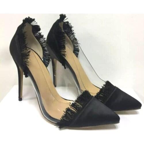 Summer PVC Silk Patchwork Low Cut Pumps Pointed Toe Fine Fur Tassel Women Stilettos Sexy Ladies Slip On Party High Heels