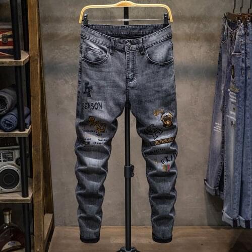 Embroidery stitchwork Boutique European Men Brand Slim Jeans Denim Trousers Stretch Blue Patchwork Hole Pants For Men Ripped