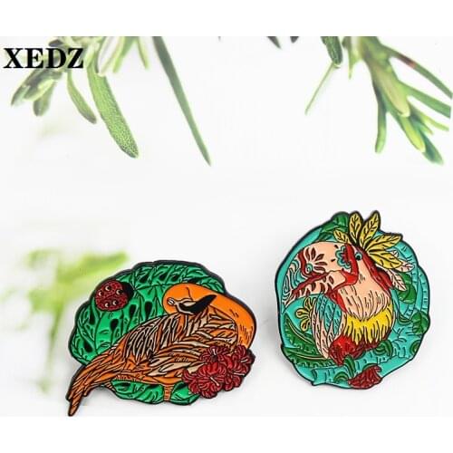 XEDZ Colored Parrot Swan Enamel Pins Jewelry Beetle Lotus Leaf Flowers Cartoon Sleeping Animal Badge Clothing Lapel Metal Brooch
