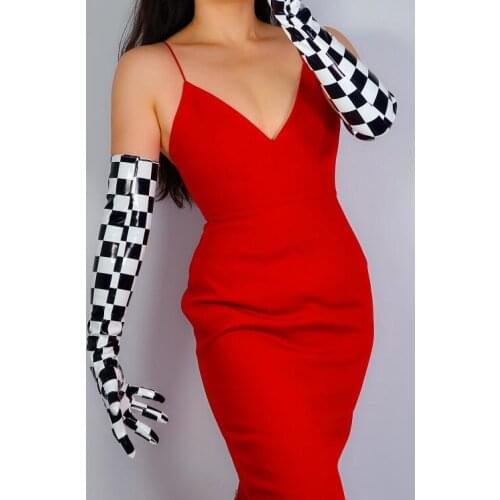 Womens runway fashion sexy slim faux pu leather glove ladys club performance white black plaid long leather glove 60cm R2748