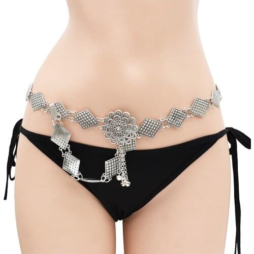 Vintage Metal Belly Chains for Women Geometric Waist Belt Chains Carved Flower Dancing Dress Chain Summer Beach Body Jewelry