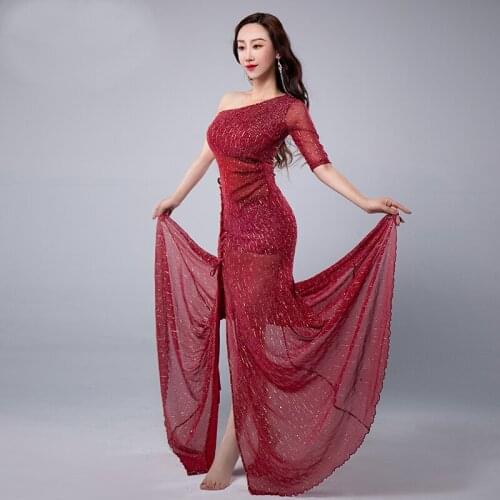 Women Oriental Belly Dance Costumes Performance one side slit dress Belly Dance Costumes One-piece Long Dress