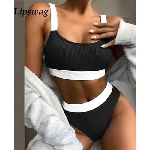 Womens Sexy High Waist Bikini Swimwear Summer Push Up Bikini Set Swimsuit 2021 Fashion Patchwork Ribbed Beachwear Bathing Suit