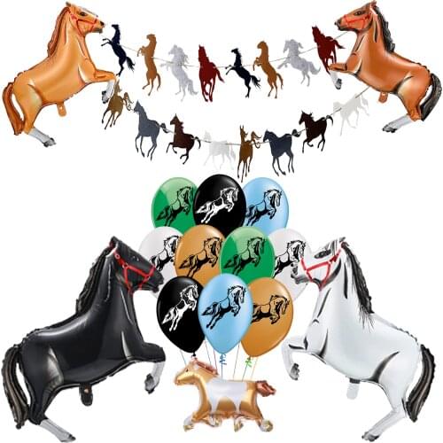 1set Large Horse Balloons Banner Birthday Party Supplies White Black Brown Baloon Kids Toys Jungle Animals Foil Helium Ballon