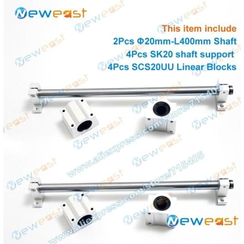 2Pcs Dia.20mm Diameter 20mm - L400mm Linear Shaft Hardened Rod + 4Pcs SK20 shaft rail support + 4Pcs SCS20UU Linear Blocks Unit