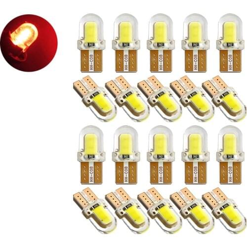 20Pcs Red T10 168 194 W5W COB 4 Chips Silicone LED Car Bulbs For Clearance Lamps License Plate Lights 12V